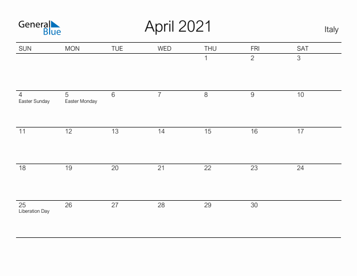 Printable April 2021 Calendar for Italy