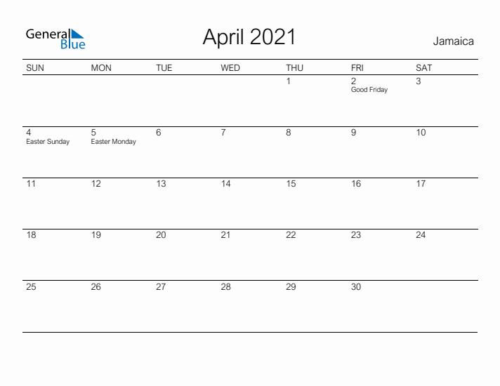 Printable April 2021 Calendar for Jamaica