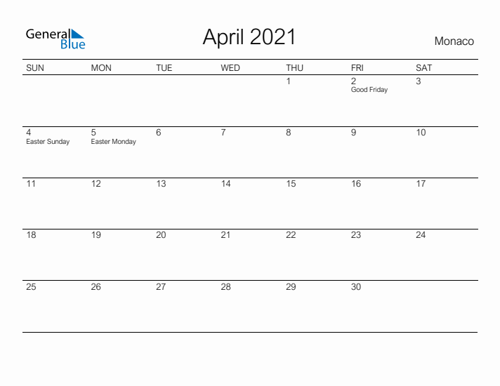 Printable April 2021 Calendar for Monaco