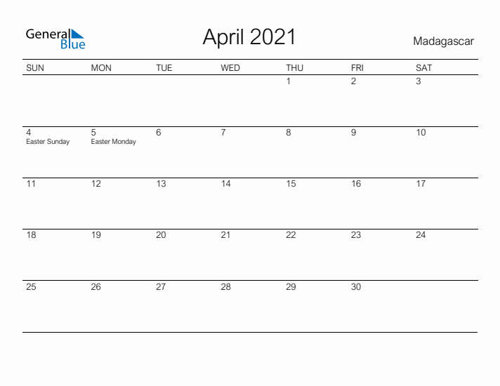 Printable April 2021 Calendar for Madagascar