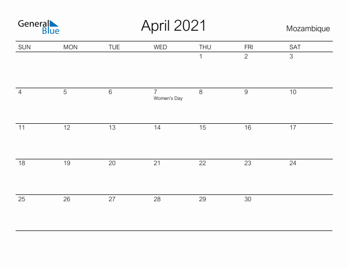 Printable April 2021 Calendar for Mozambique