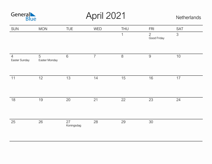 Printable April 2021 Calendar for The Netherlands