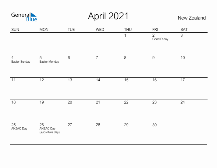 Printable April 2021 Calendar for New Zealand