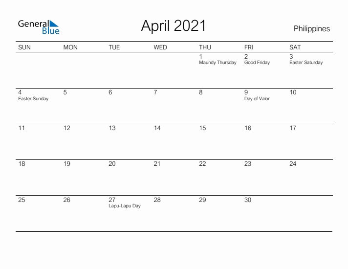 Printable April 2021 Calendar for Philippines
