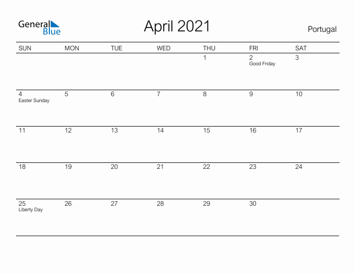 Printable April 2021 Calendar for Portugal