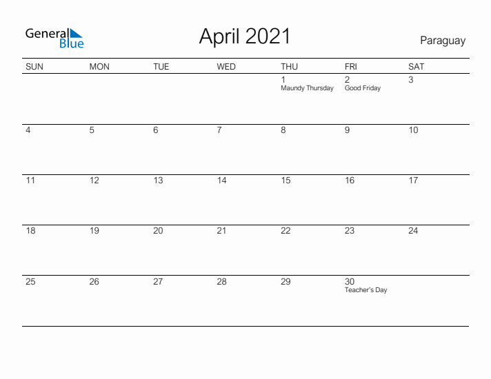 Printable April 2021 Calendar for Paraguay