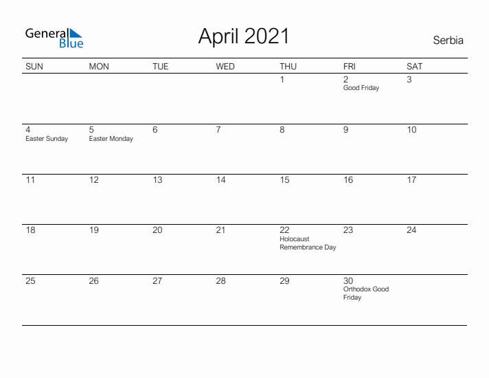 Printable April 2021 Calendar for Serbia