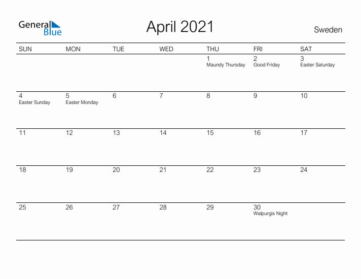 Printable April 2021 Calendar for Sweden