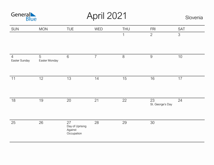 Printable April 2021 Calendar for Slovenia
