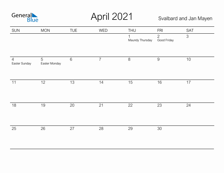 Printable April 2021 Calendar for Svalbard and Jan Mayen
