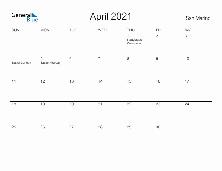 Printable April 2021 Calendar for San Marino