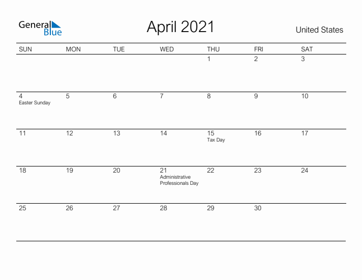 Printable April 2021 Calendar for United States