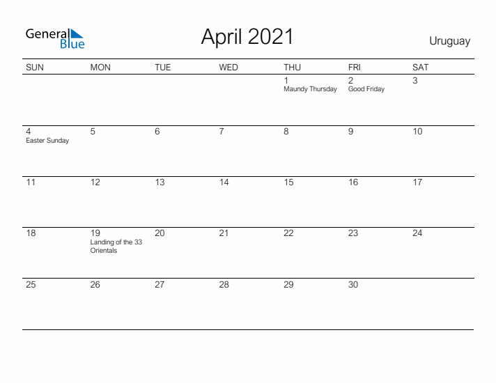Printable April 2021 Calendar for Uruguay