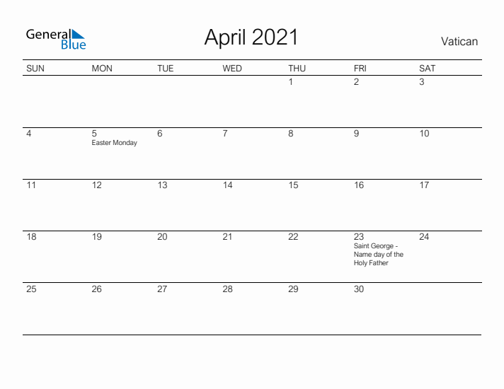 Printable April 2021 Calendar for Vatican