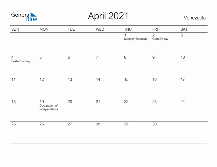 Printable April 2021 Calendar for Venezuela