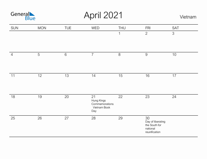 Printable April 2021 Calendar for Vietnam