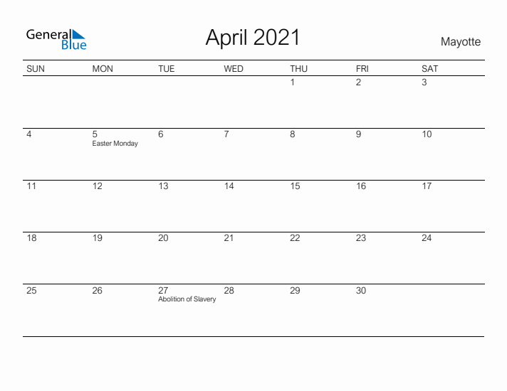 Printable April 2021 Calendar for Mayotte
