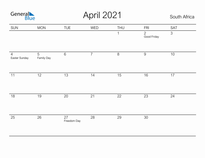 Printable April 2021 Calendar for South Africa