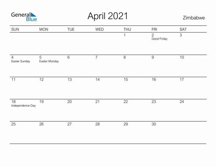 Printable April 2021 Calendar for Zimbabwe