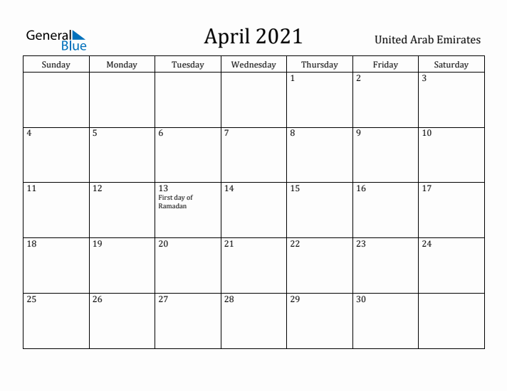 April 2021 Calendar United Arab Emirates
