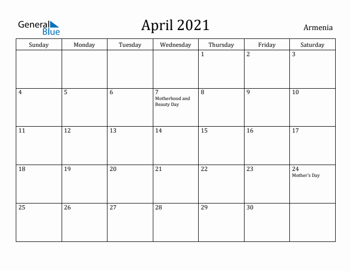 April 2021 Calendar Armenia