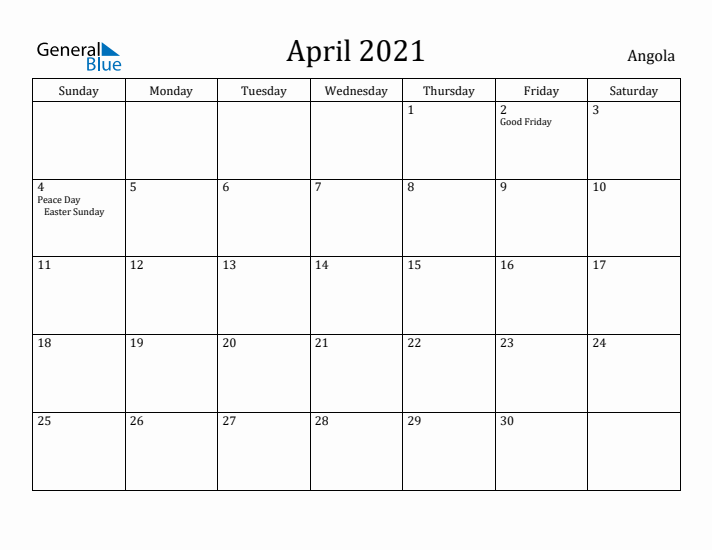 April 2021 Calendar Angola