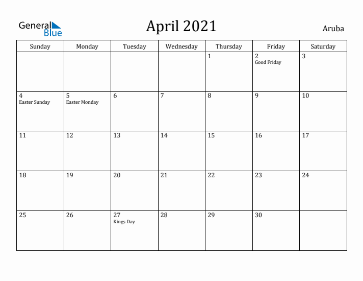April 2021 Calendar Aruba