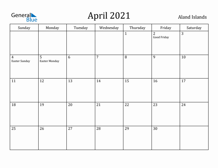 April 2021 Calendar Aland Islands