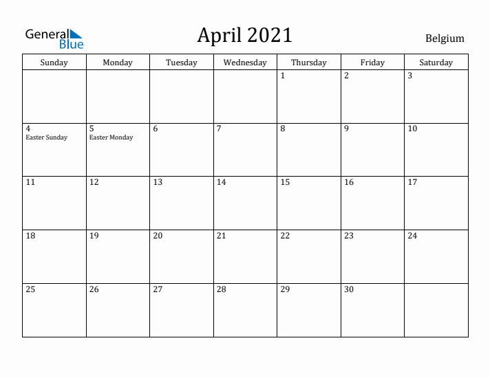 April 2021 Calendar Belgium