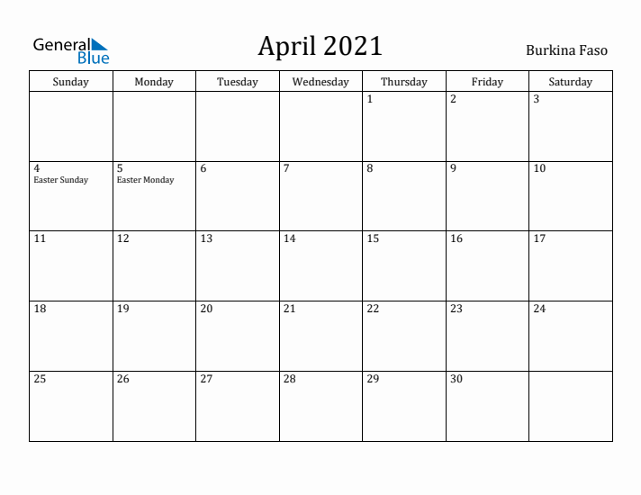 April 2021 Calendar Burkina Faso
