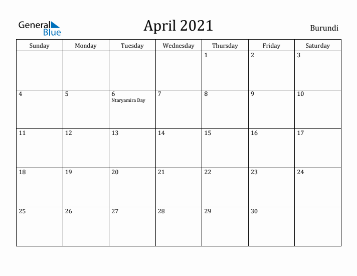 April 2021 Calendar Burundi