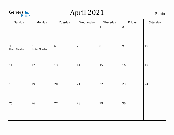 April 2021 Calendar Benin