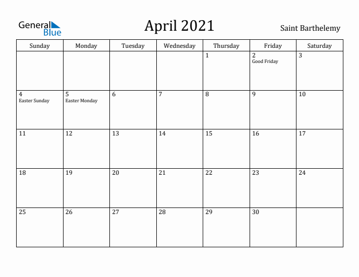April 2021 Calendar Saint Barthelemy