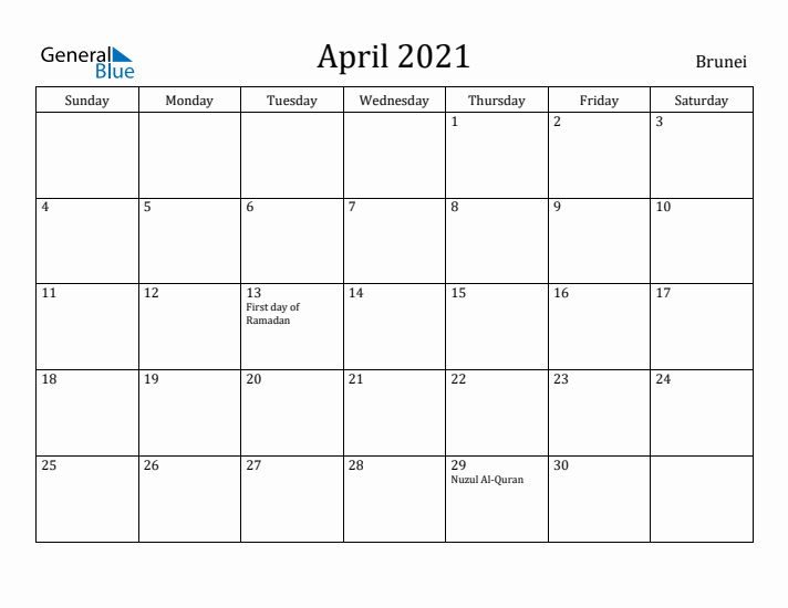 April 2021 Calendar Brunei