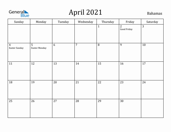 April 2021 Calendar Bahamas