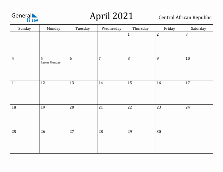 April 2021 Calendar Central African Republic