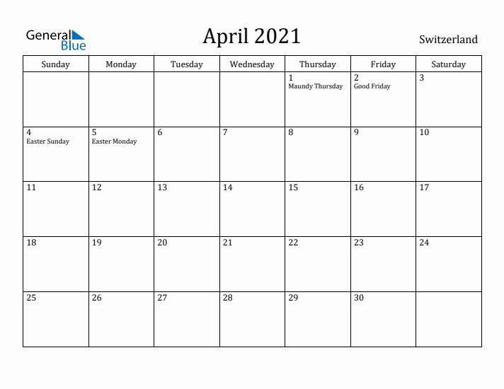 April 2021 Calendar Switzerland