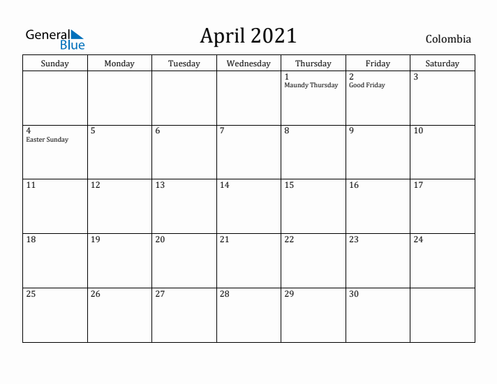 April 2021 Calendar Colombia
