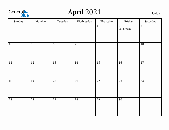 April 2021 Calendar Cuba