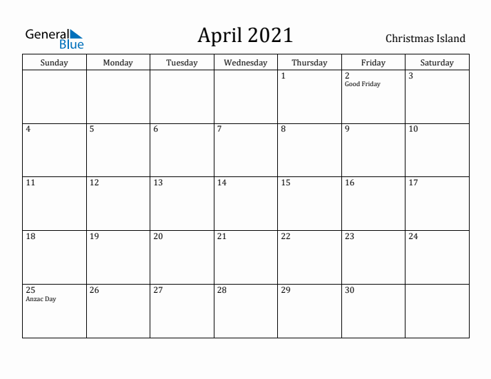 April 2021 Calendar Christmas Island