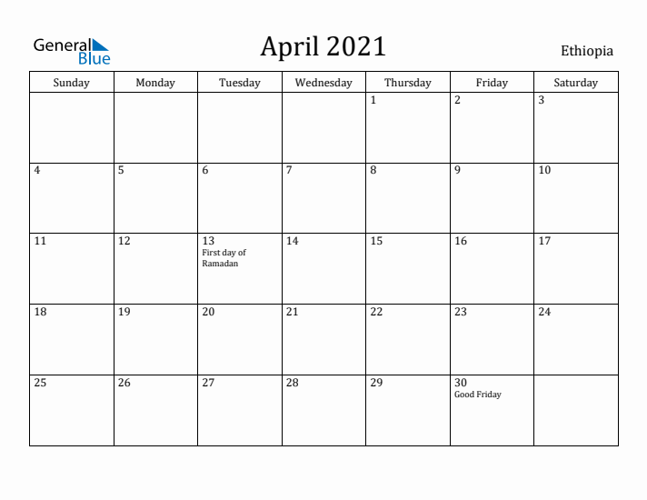 April 2021 Calendar Ethiopia