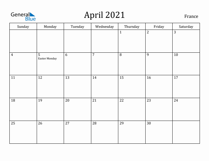 April 2021 Calendar France