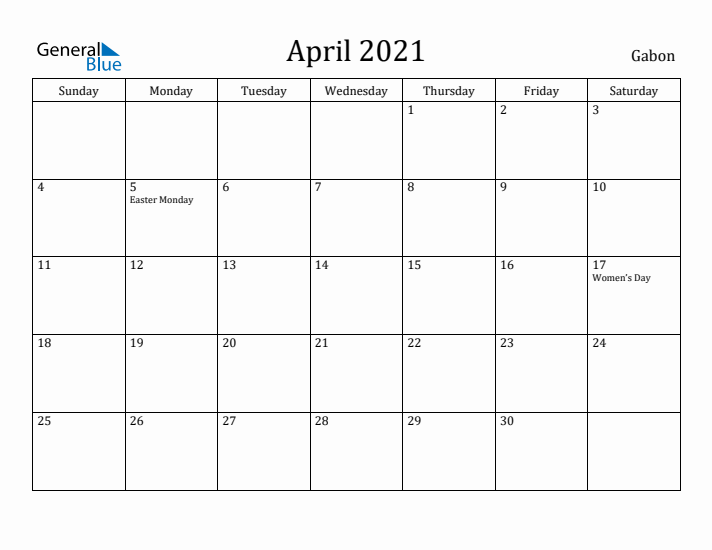 April 2021 Calendar Gabon