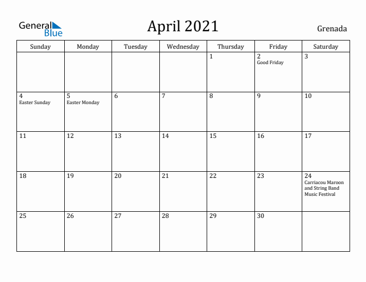 April 2021 Calendar Grenada