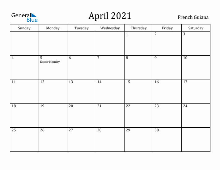 April 2021 Calendar French Guiana