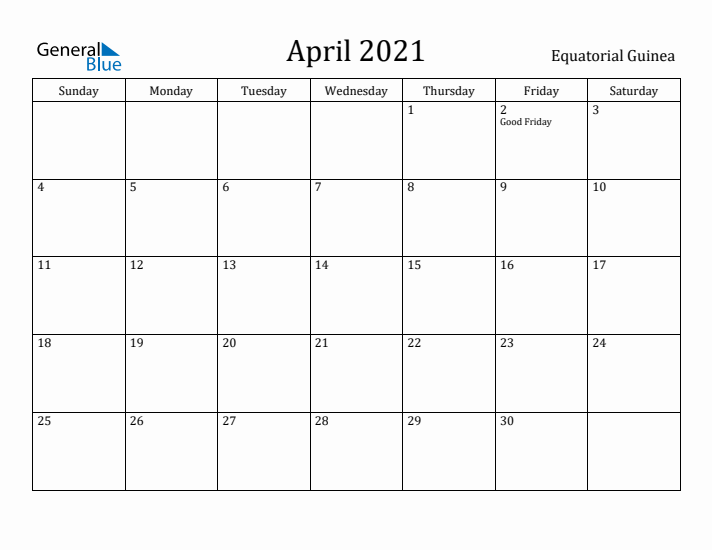 April 2021 Calendar Equatorial Guinea