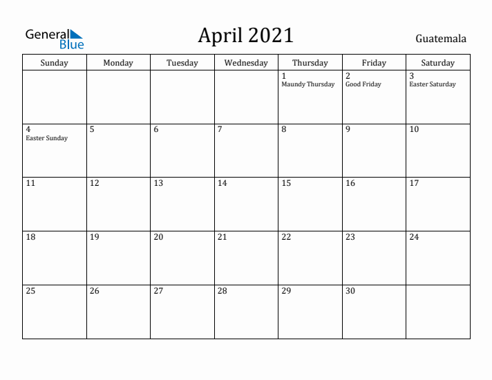 April 2021 Calendar Guatemala