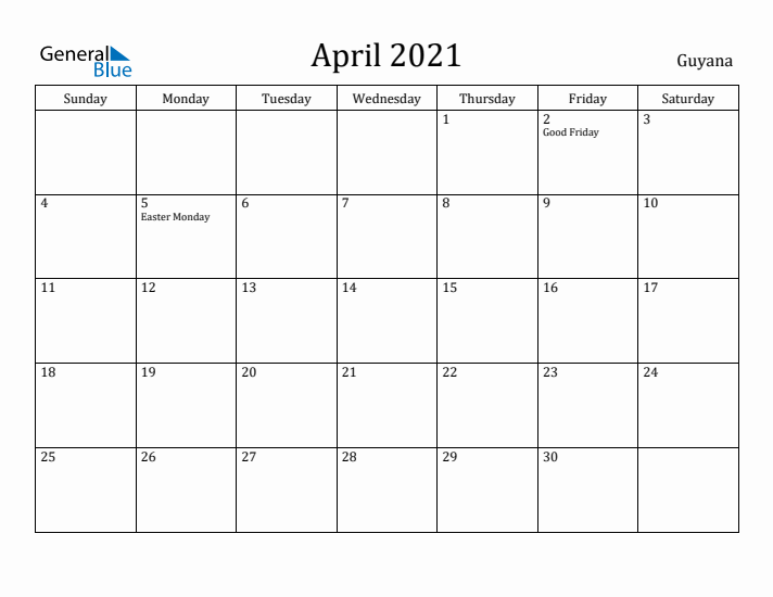 April 2021 Calendar Guyana