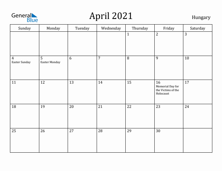 April 2021 Calendar Hungary