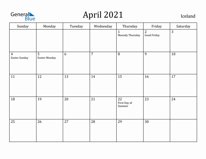 April 2021 Calendar Iceland
